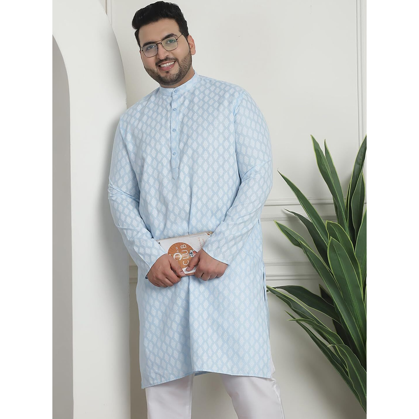 Sojanya Plus (Since 1958) Men's Cotton Blend Printed Sky Blue Long Kurta
