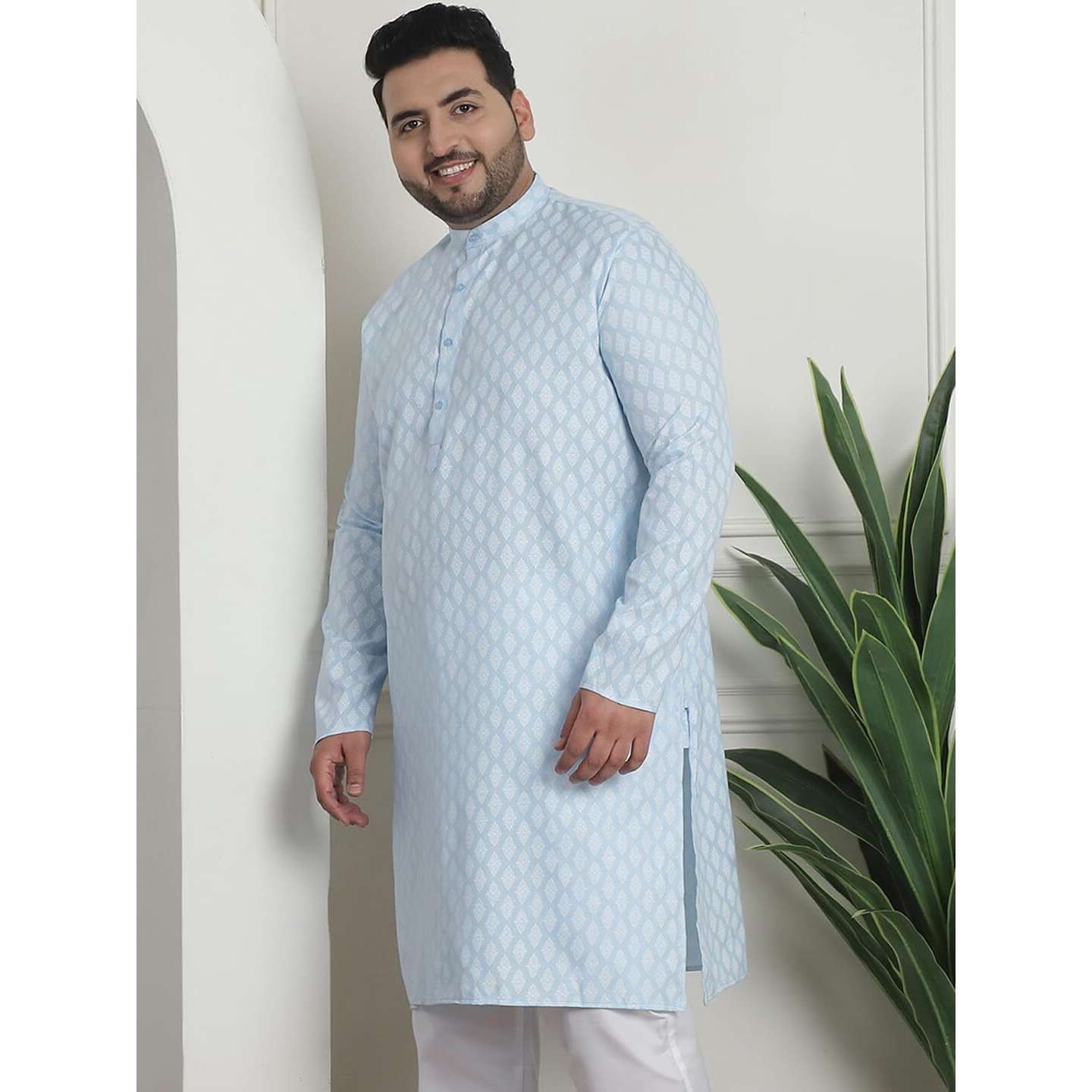 Sojanya Plus (Since 1958) Men's Cotton Blend Printed Sky Blue Long Kurta