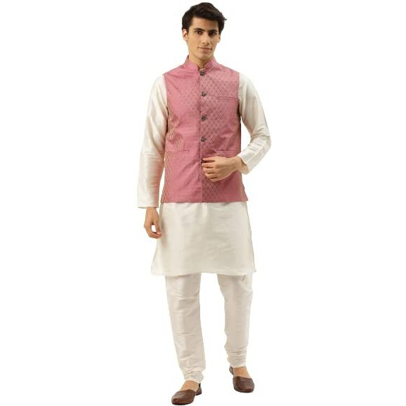 Sojanya (Since 1958 Men's Silk Blend Off White Kurta Pyjama & Pink Nehrujacket Combo Size 40