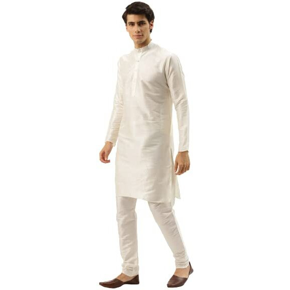 Sojanya (Since 1958 Men's Silk Blend Off White Kurta Pyjama & Pink Nehrujacket Combo Size 40