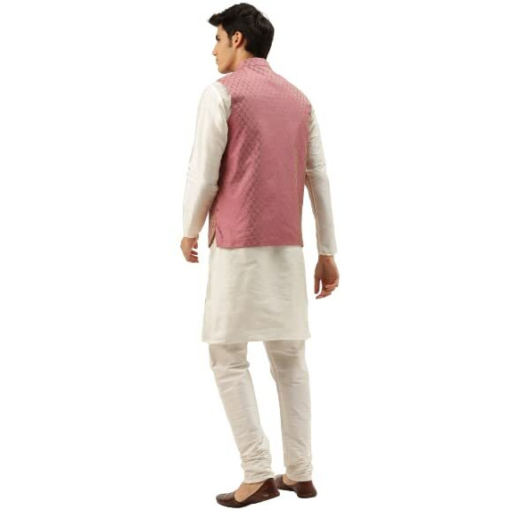 Sojanya (Since 1958 Men's Silk Blend Off White Kurta Pyjama & Pink Nehrujacket Combo Size 40