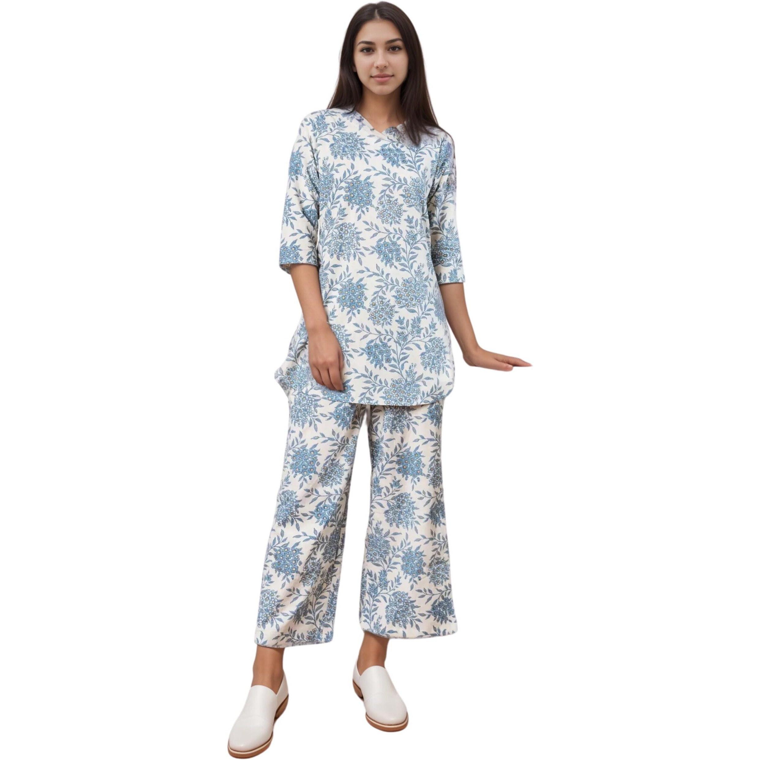 Smowkly Women's Printed Rayon Slub Mid Thighs Short Kurti With Relaxed Fit Pant Sylish Co-Ords Set || Trendy 3/4 Sleeve Kurta & Palazzo Cord Pair (Sky Blue-Medium)