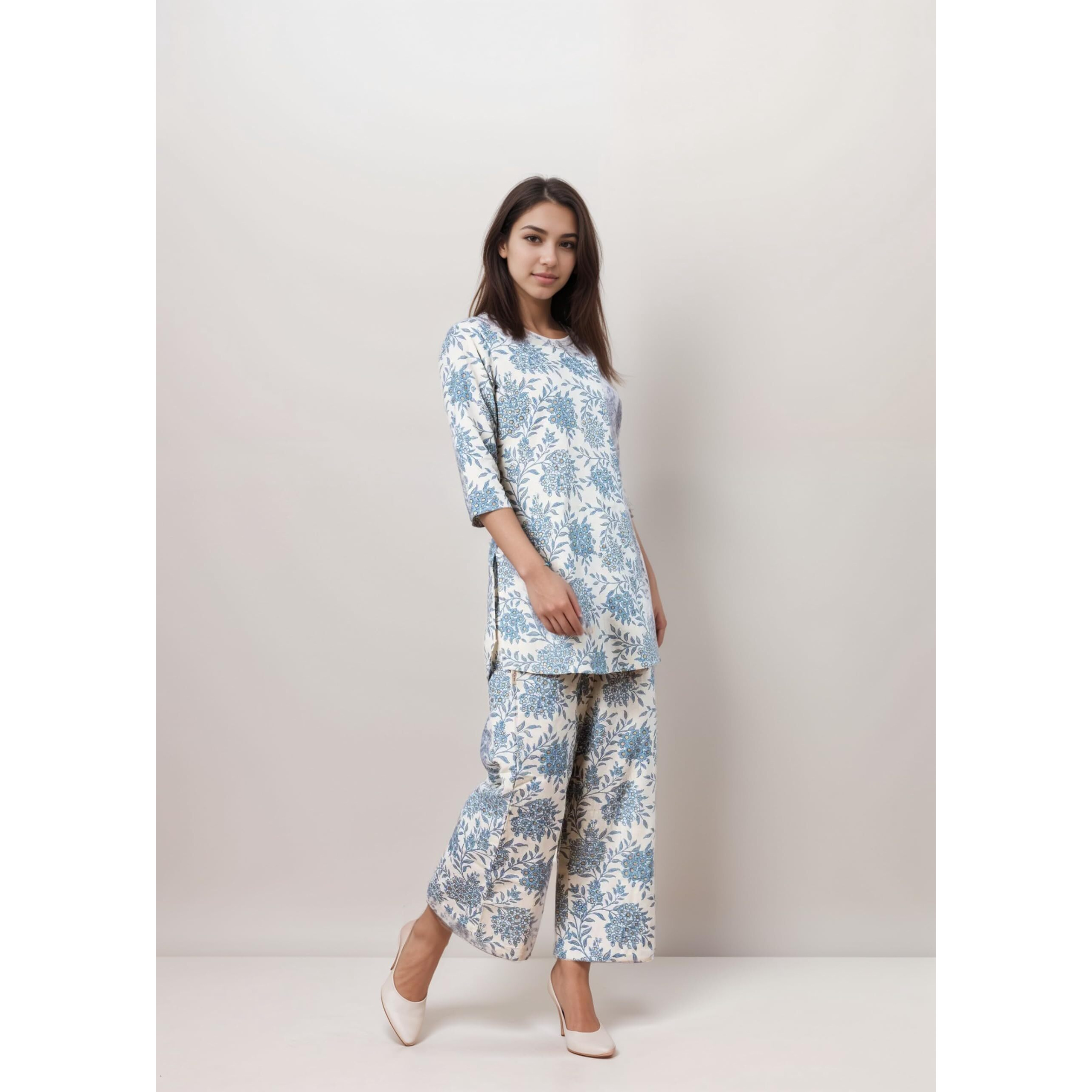 Smowkly Women's Printed Rayon Slub Mid Thighs Short Kurti With Relaxed Fit Pant Sylish Co-Ords Set || Trendy 3/4 Sleeve Kurta & Palazzo Cord Pair (Sky Blue-Medium)