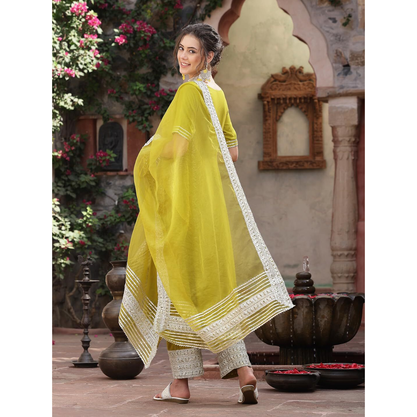 Stylum Women's Solid Rayon Anarkali Kurta Pant & Dupatta Set (Kpdcornkivi44_Corn, Xxl)