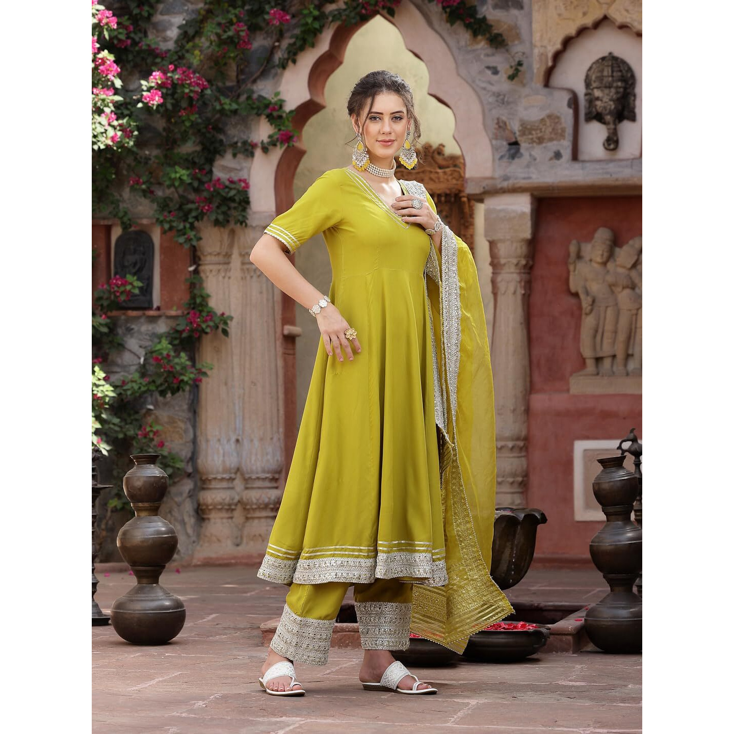 Stylum Women's Solid Rayon Anarkali Kurta Pant & Dupatta Set (Kpdcornkivi44_Corn, Xxl)