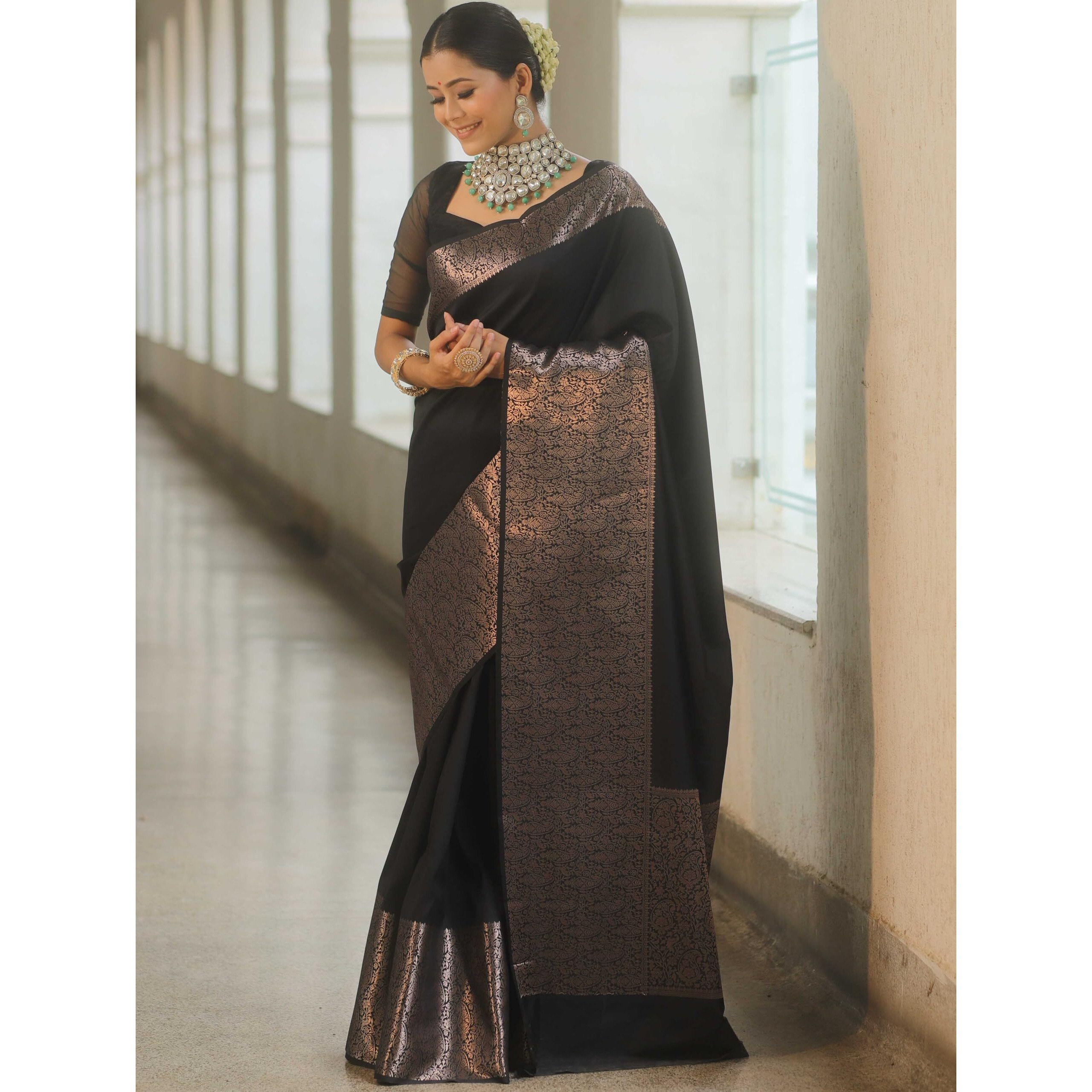 Sugathari Women's Banarasi Saree Pure Kanjivaram Silk Saree Soft New Ladies 2025 Design Wear Pattu Sarees Latest Sadi Party Sari Collections With Blouse Piece (San Pari-221-Black)