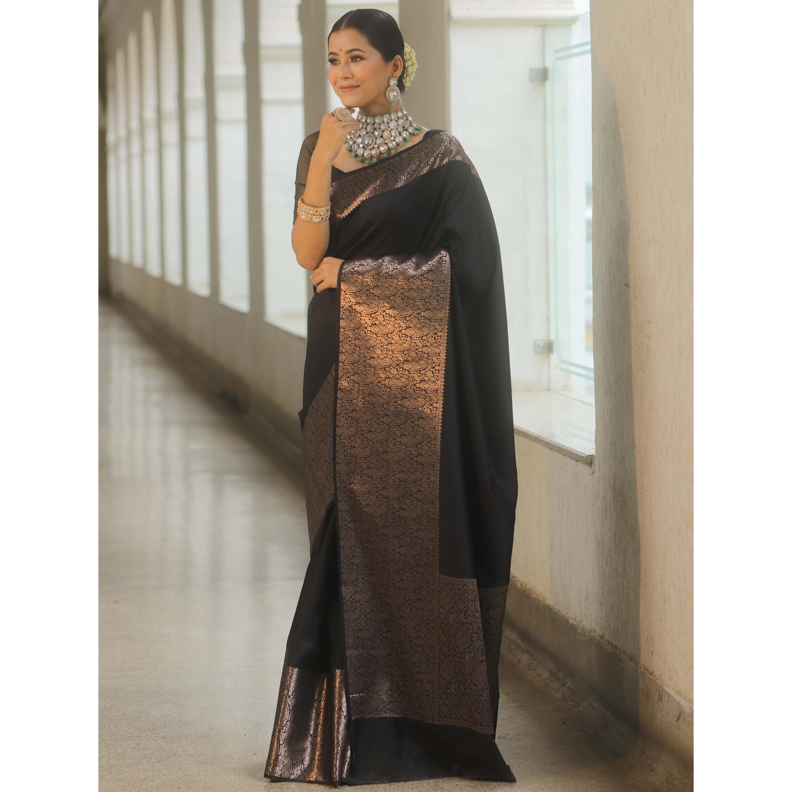 Sugathari Women's Banarasi Saree Pure Kanjivaram Silk Saree Soft New Ladies 2025 Design Wear Pattu Sarees Latest Sadi Party Sari Collections With Blouse Piece (San Pari-221-Black)