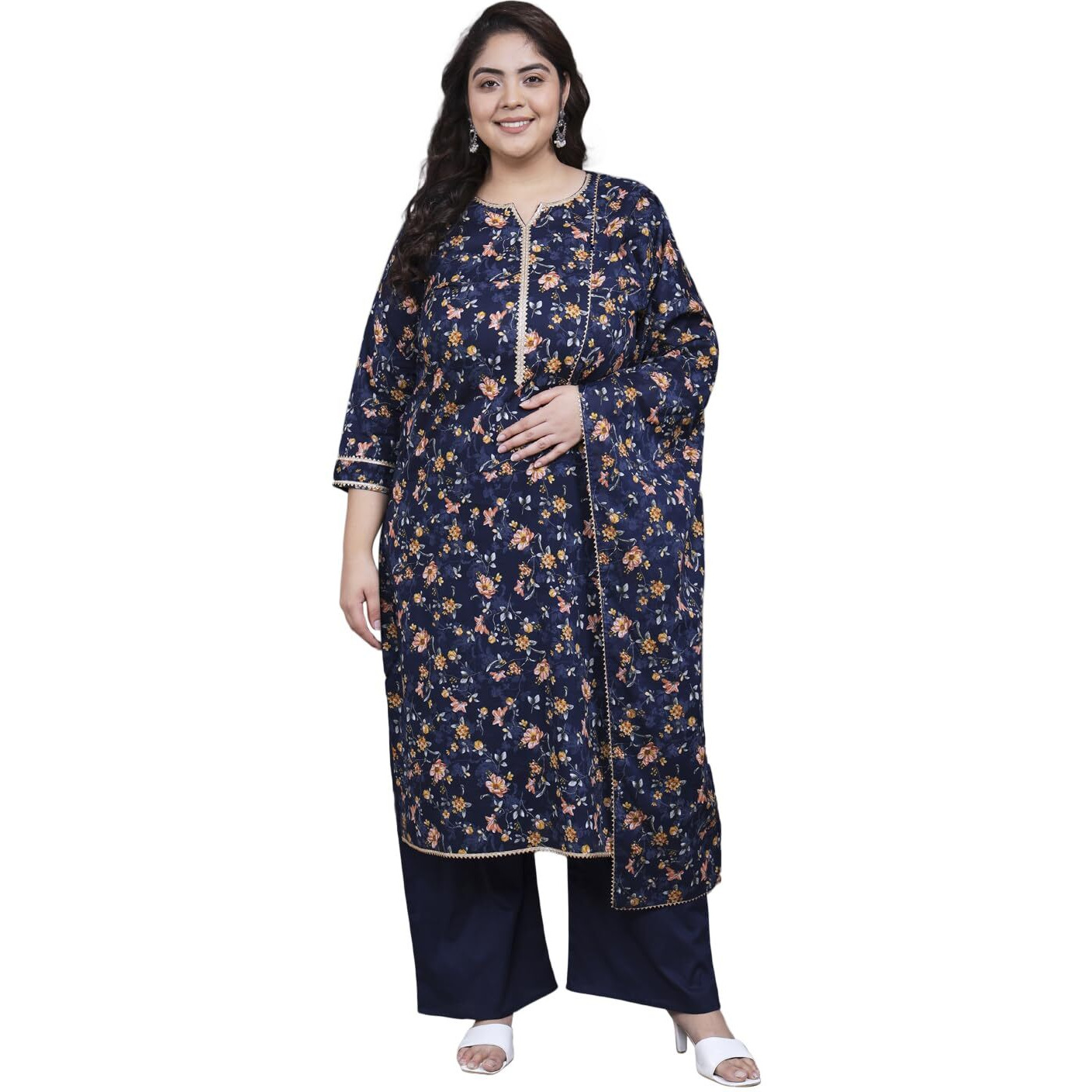 Tissu Women's Plus Size Navy Blue Printed Pure Cotton Kurta Palazzo With Dupatta (T_676_Dark Blue_7Xl)