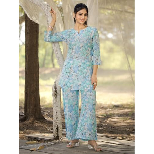 Pinkmint Pure Cotton Co Ord Set For Women L Flower & Leaf Pattern Set L 3/4 Sleeve Co Ord Set