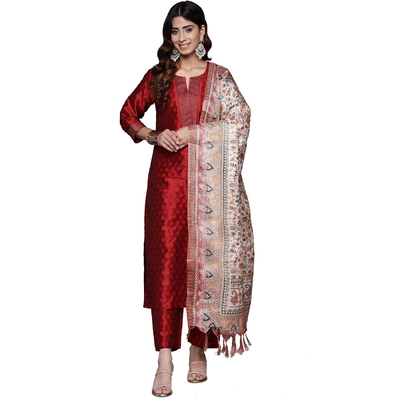 Varanga Women Maroon Woven Zari Embroidered Straight Kurta With Bottom And Dupatta, Round Neck, Zari Work At Placket, Three-Quarter Sleeves, Side Slit, Bhagalpuri Printed Dupatta