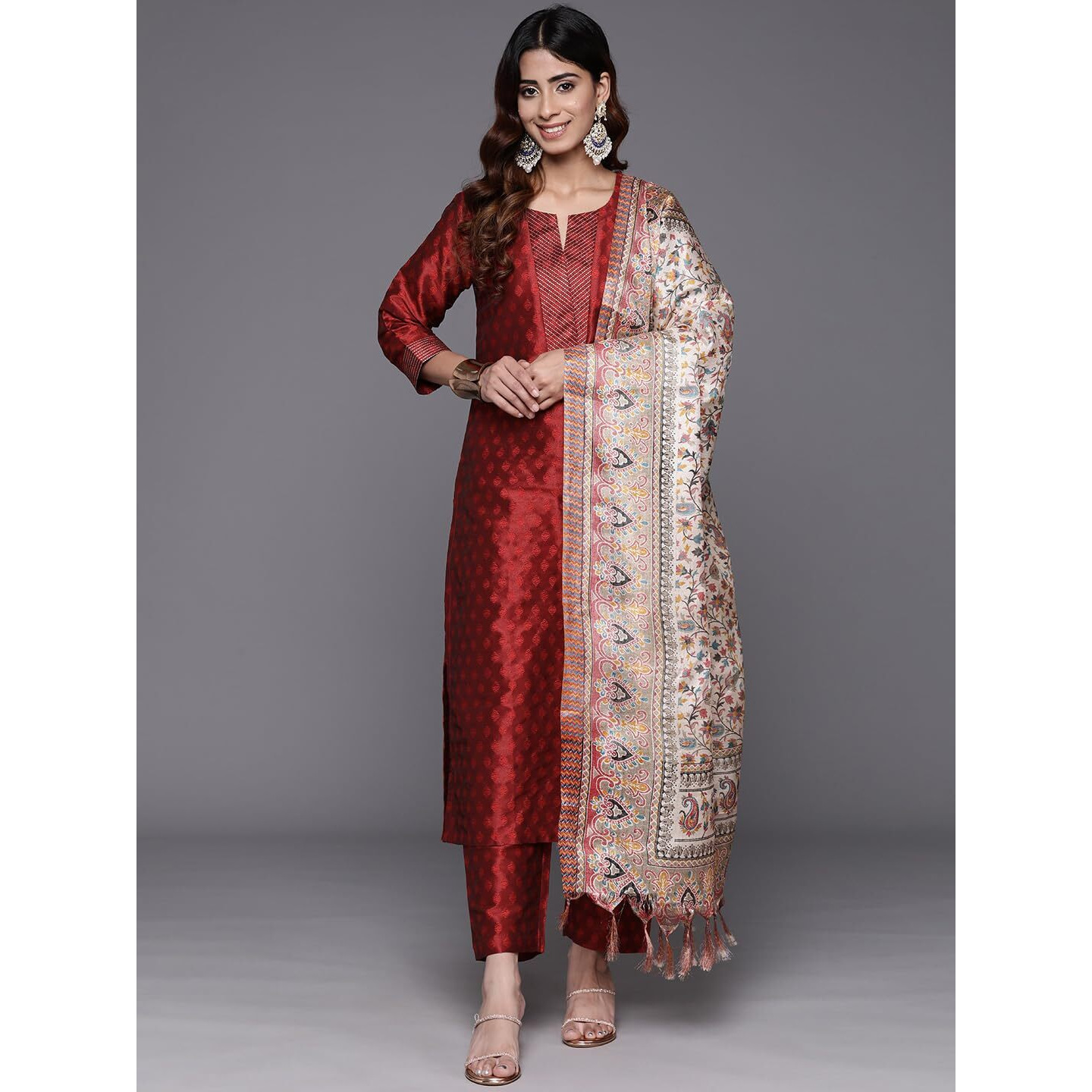 Varanga Women Maroon Woven Zari Embroidered Straight Kurta With Bottom And Dupatta, Round Neck, Zari Work At Placket, Three-Quarter Sleeves, Side Slit, Bhagalpuri Printed Dupatta
