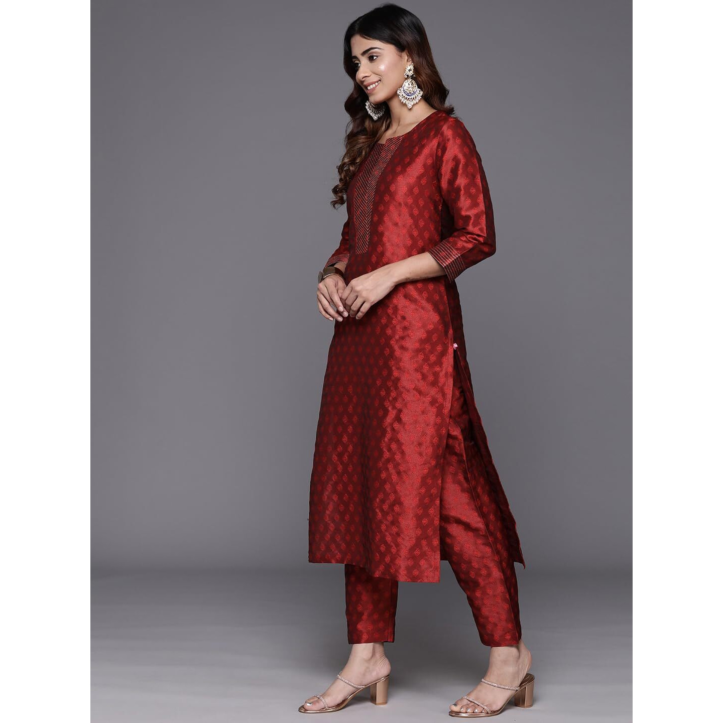 Varanga Women Maroon Woven Zari Embroidered Straight Kurta With Bottom And Dupatta, Round Neck, Zari Work At Placket, Three-Quarter Sleeves, Side Slit, Bhagalpuri Printed Dupatta