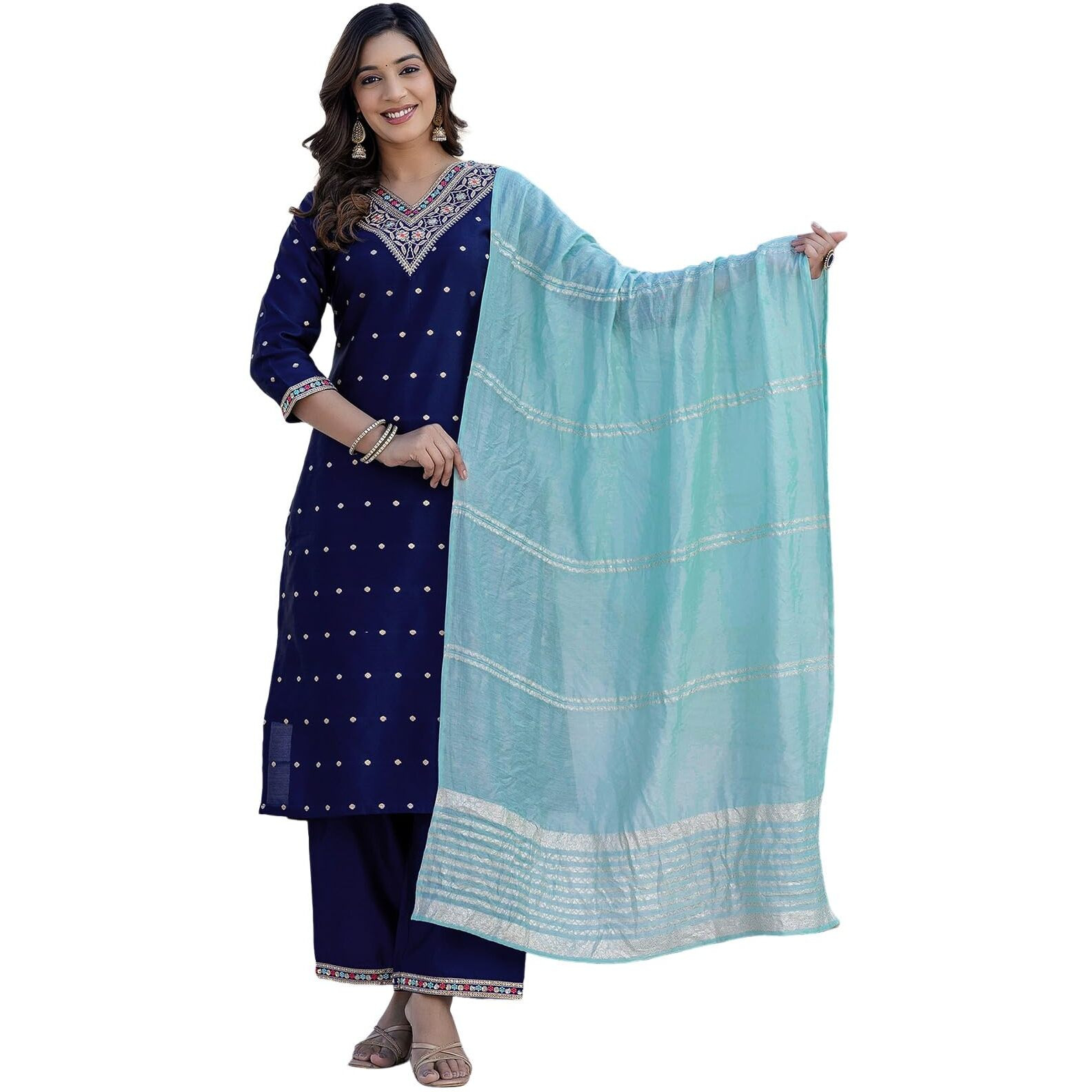 Sanisa Women's Tafetta Embroidery And Sequins Work & Weaving Straight Kurta With Pant And Dupatta Set (204Kbd2167N-Xl_Navy Blue)