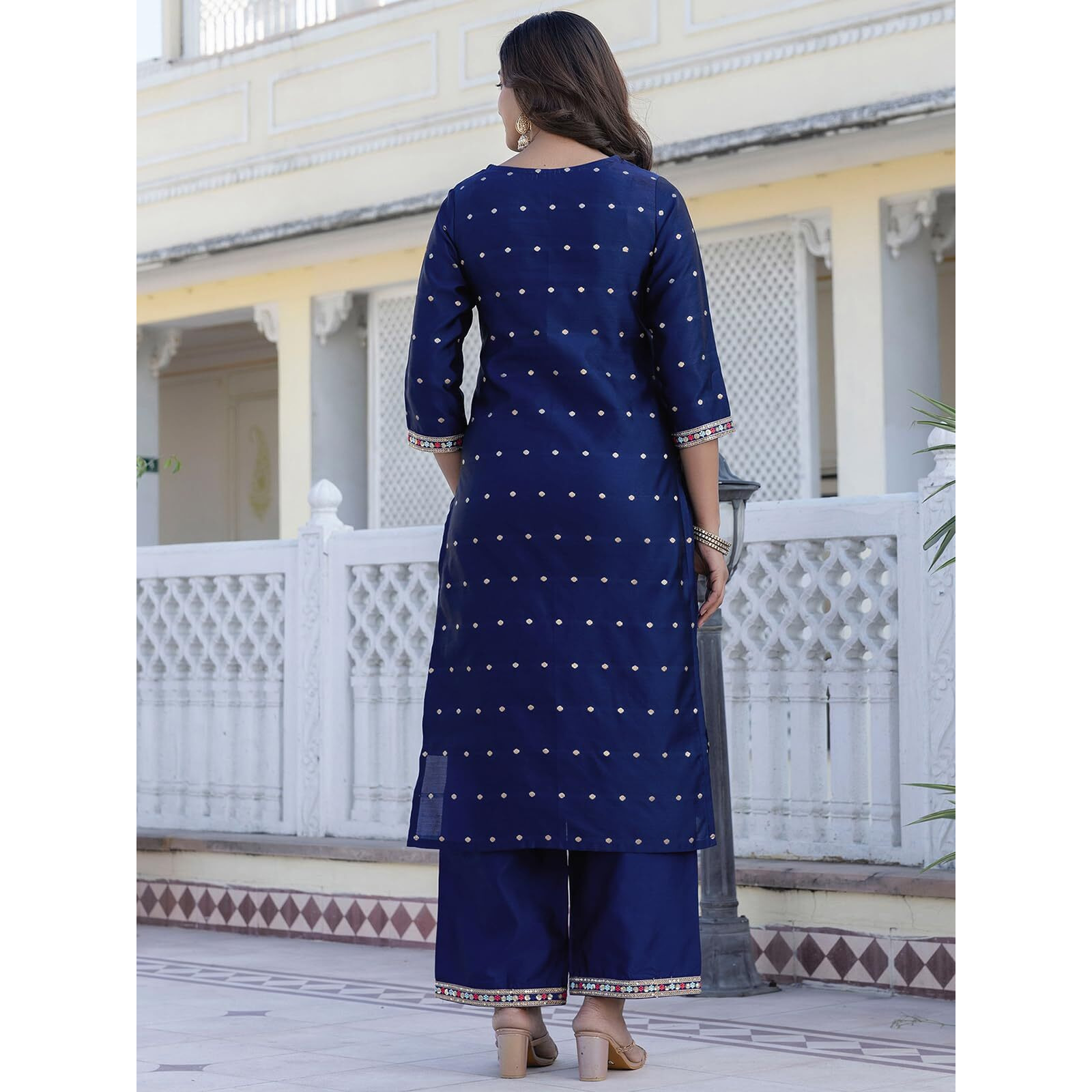 Sanisa Women's Tafetta Embroidery And Sequins Work & Weaving Straight Kurta With Pant And Dupatta Set (204Kbd2167N-Xl_Navy Blue)