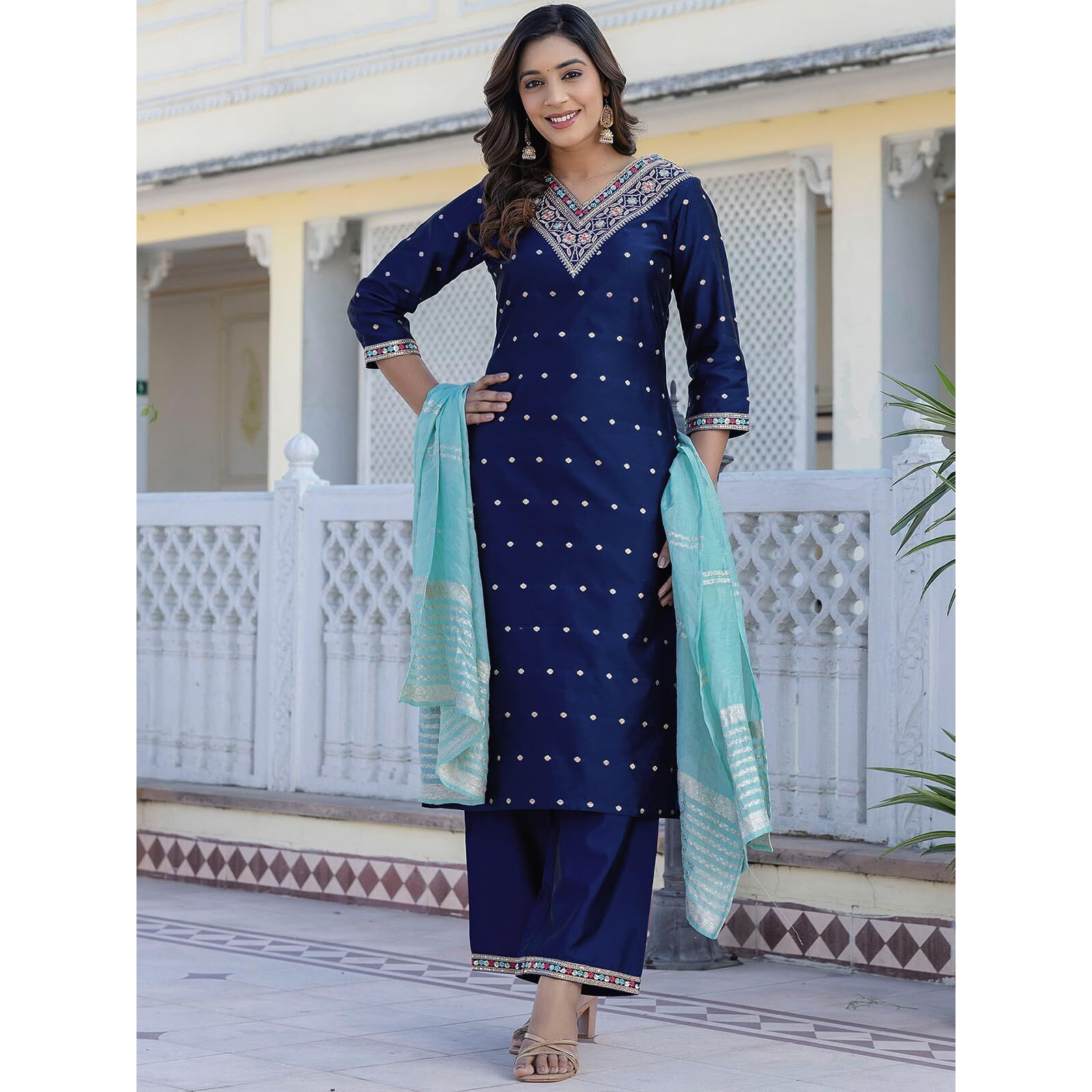 Sanisa Women's Tafetta Embroidery And Sequins Work & Weaving Straight Kurta With Pant And Dupatta Set (204Kbd2167N-Xl_Navy Blue)