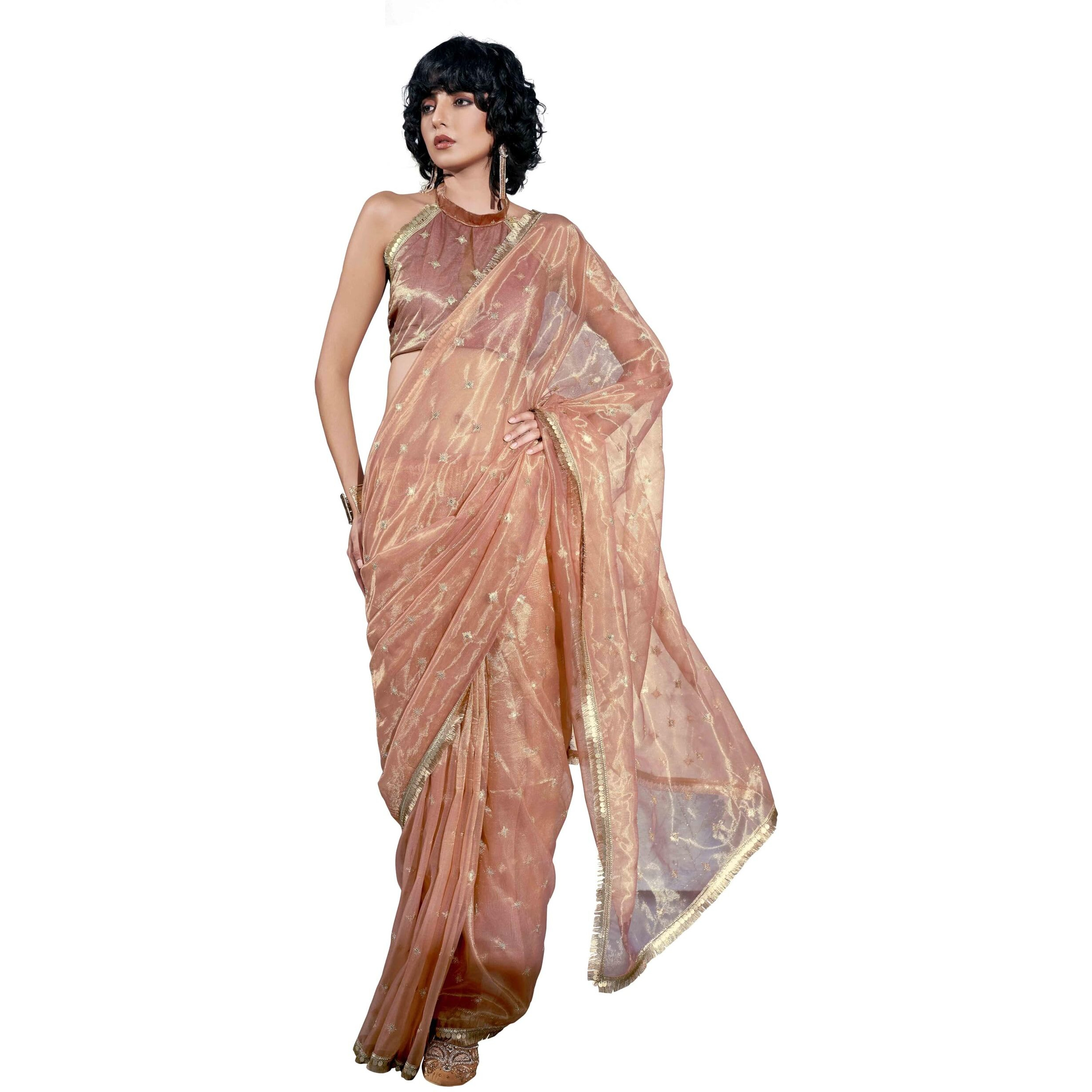 Womanista Women's Net Sequinned Saree (Ti6576_Peach)