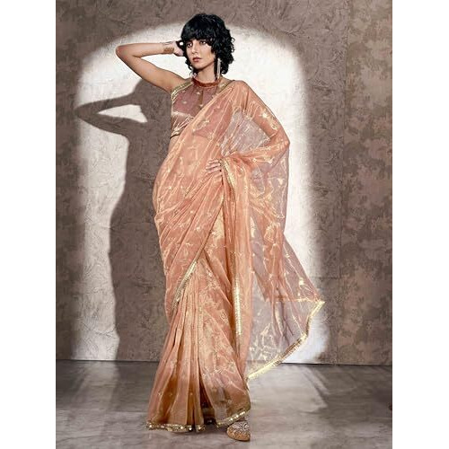 Womanista Women's Net Sequinned Saree (Ti6576_Peach)