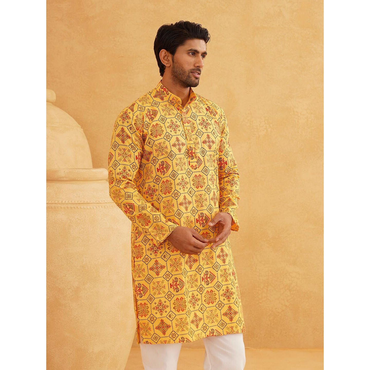 Sojanya (Since 1958 Men's Cotton Blend Printed Yellow Only Long Kurta