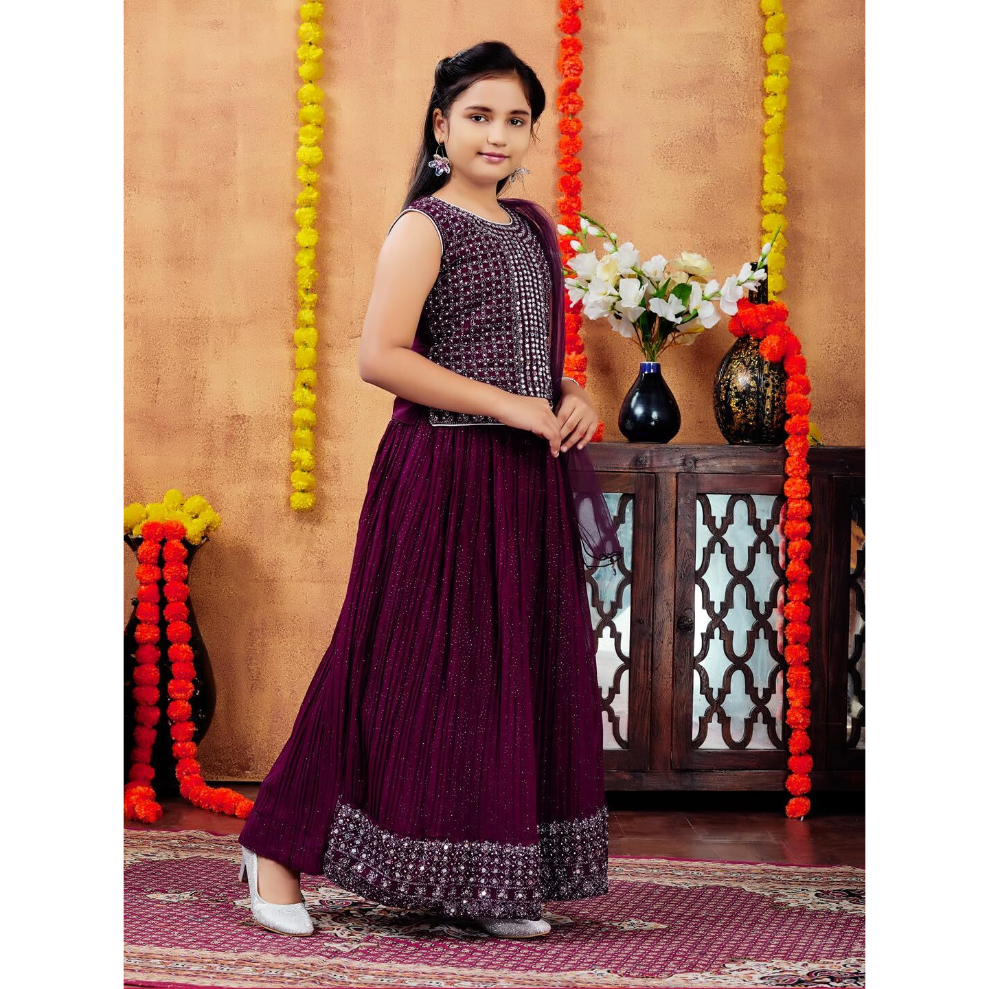 Aarika Girls Ethnic Wear Purple Colour Mirror Embroidery Georgette Lehenga Choli Set (10-15 Years)