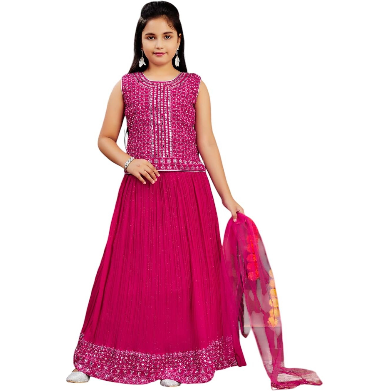Aarika Girls Ethnic Wear Rani Colour Mirror Embroidery Georgette Lehenga Choli Set (10-15 Years)
