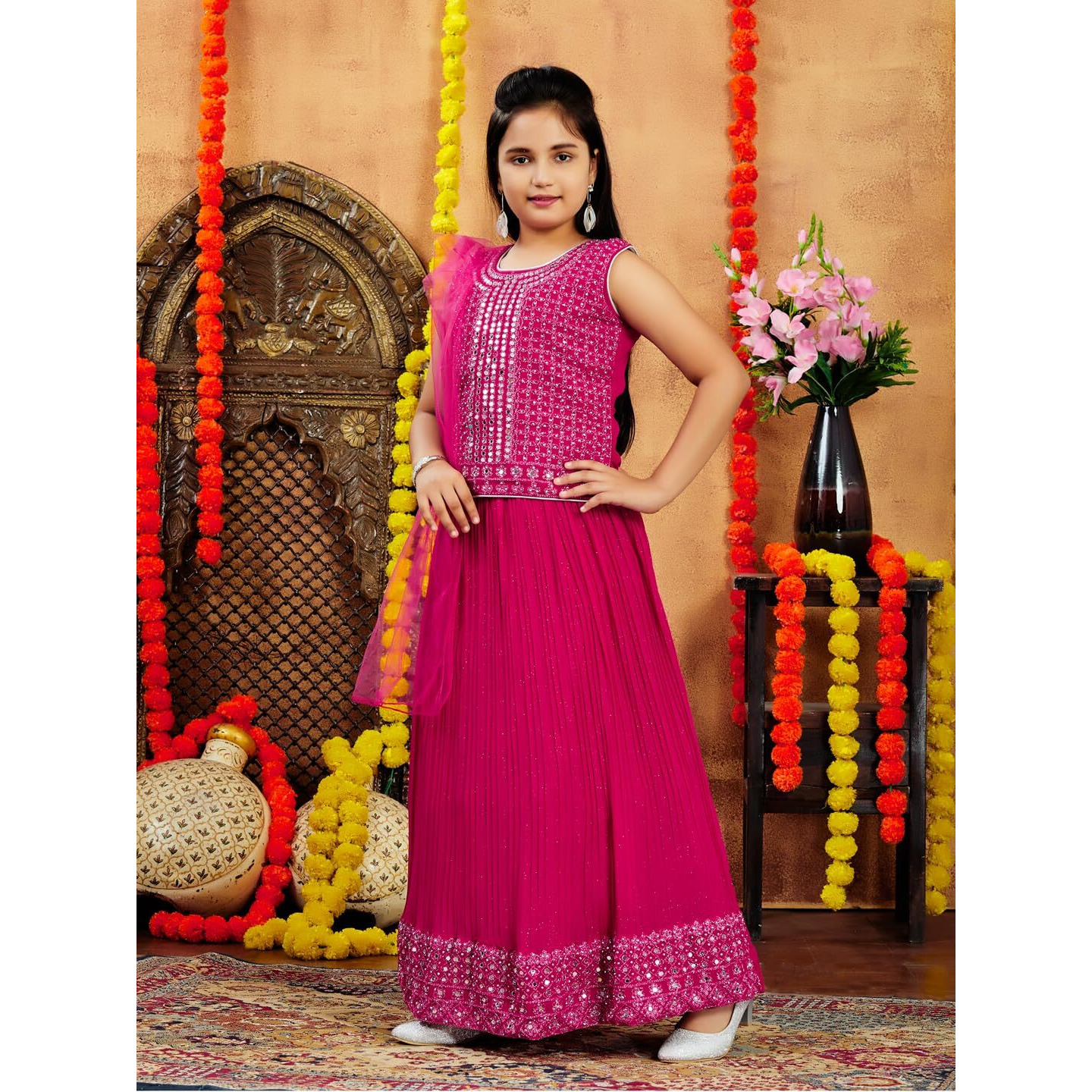 Aarika Girls Ethnic Wear Rani Colour Mirror Embroidery Georgette Lehenga Choli Set (10-15 Years)