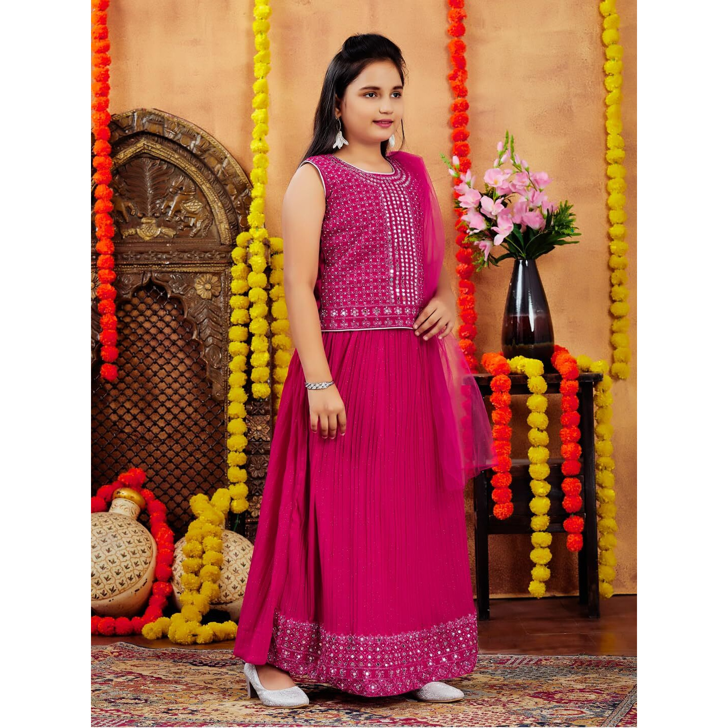 Aarika Girls Ethnic Wear Rani Colour Mirror Embroidery Georgette Lehenga Choli Set (10-15 Years)