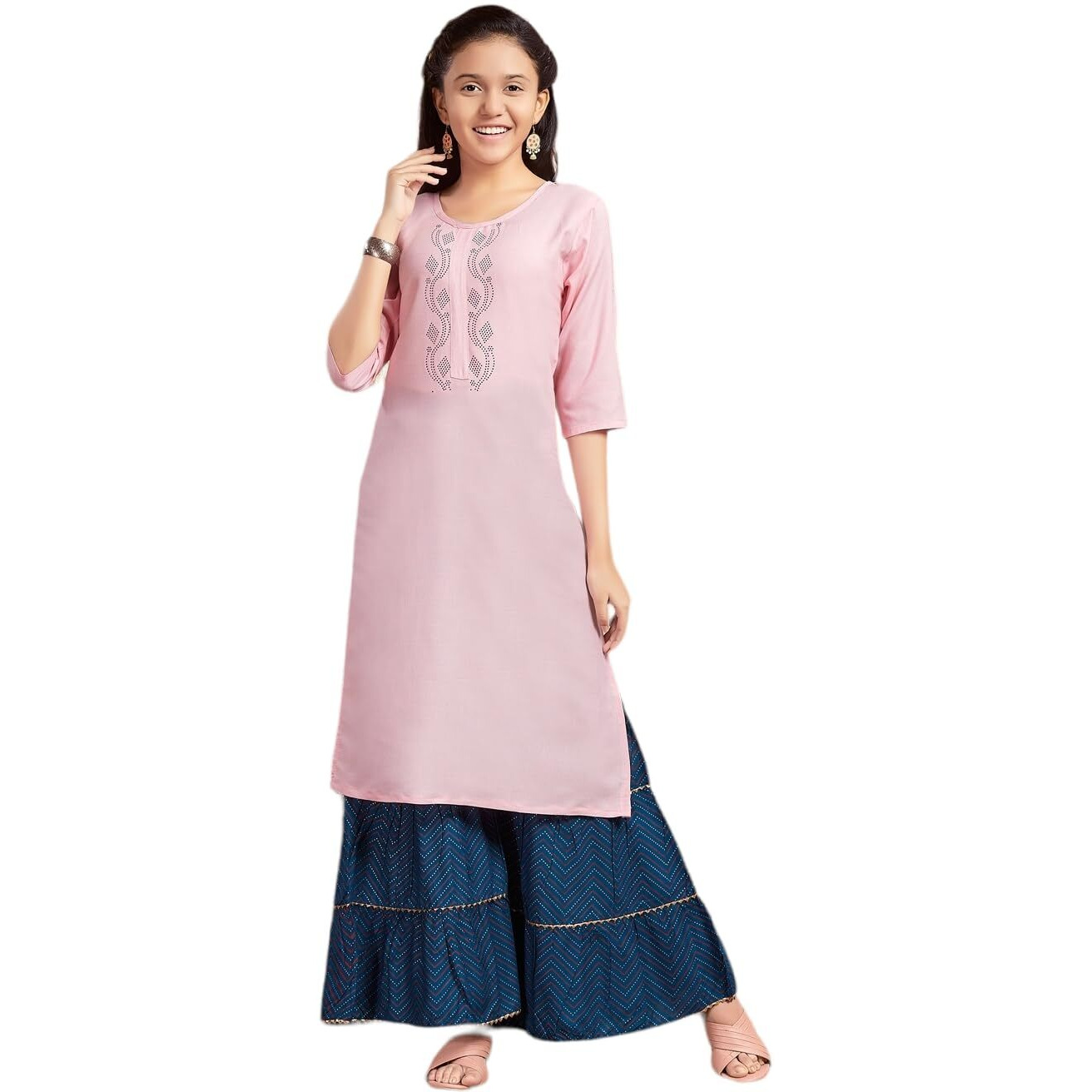 Aarika Girls Casual Wear Pink Colour Embellished Cotton Kurti (9-16 Years)