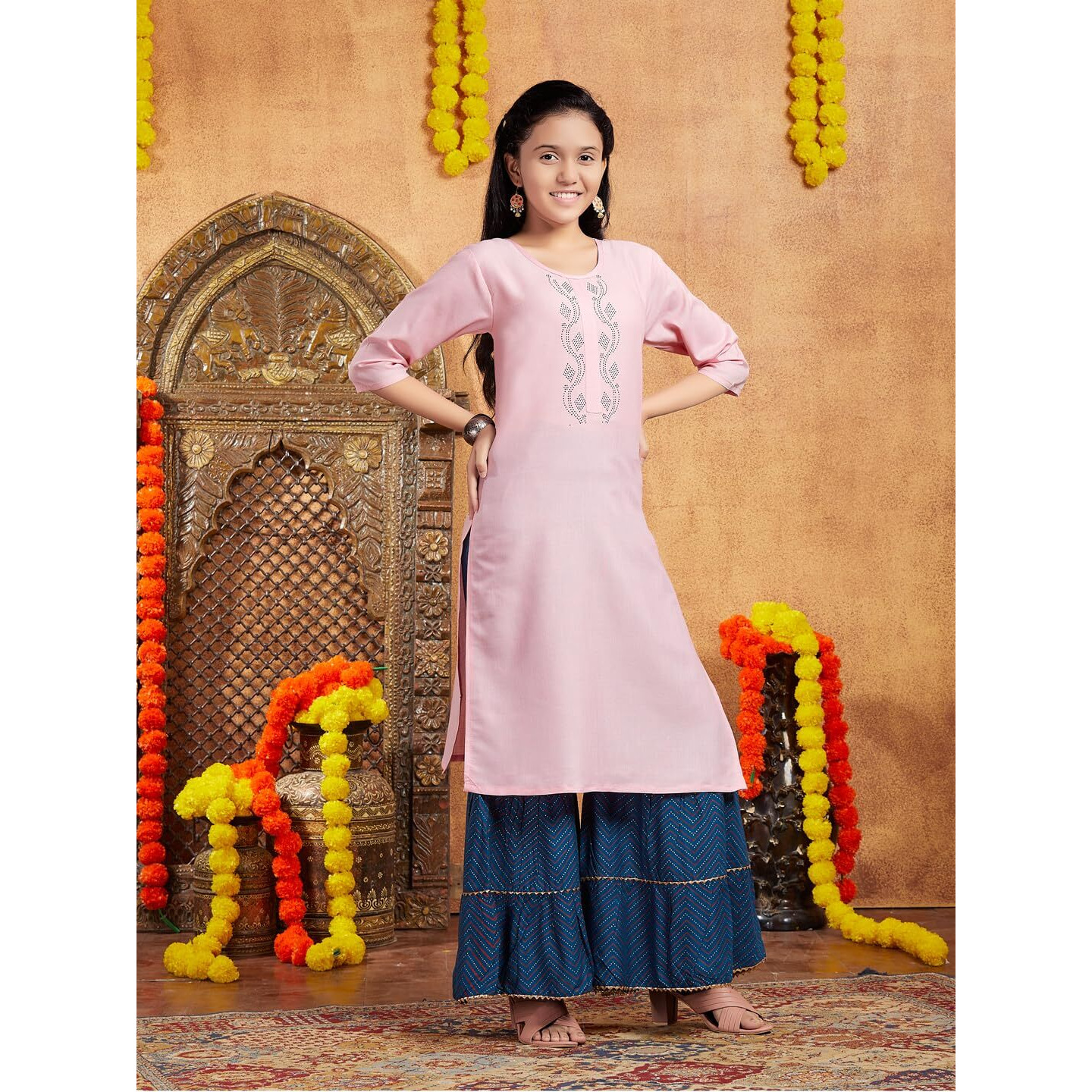 Aarika Girls Casual Wear Pink Colour Embellished Cotton Kurti (9-16 Years)