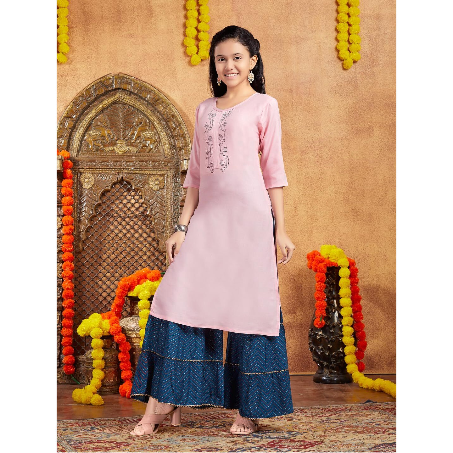 Aarika Girls Casual Wear Pink Colour Embellished Cotton Kurti (9-16 Years)