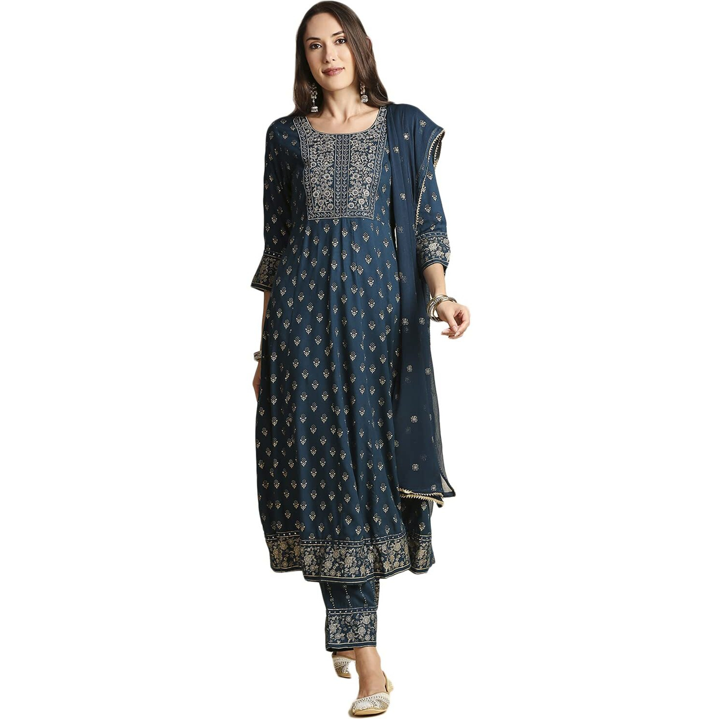 Anubhutee Women's Rayon Embroidered Mirror Work Anarkali Kurta Suit Set With Dupatta & Pants Anu2111370_Xxxl_Navy Blue
