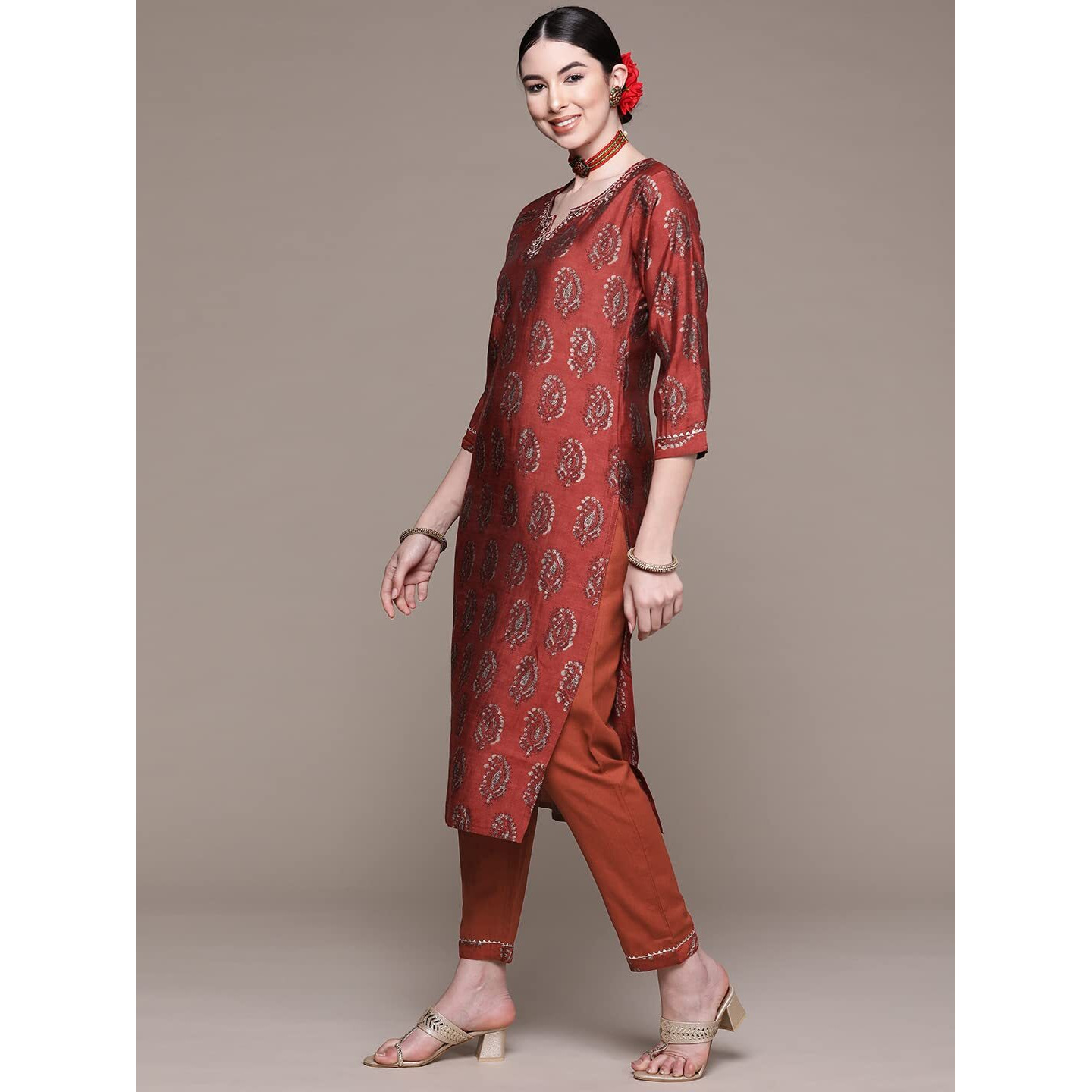 Anubhutee Women's Cotton Maroon Ethnic Motifs Printed Straight Kurta Suit Set With Pants And Dupatta
