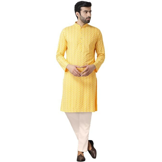 Kisah Men's Cotton Blend Long Sleeves Regular Fit Printed Yellow Kurta Trousers Set (M)