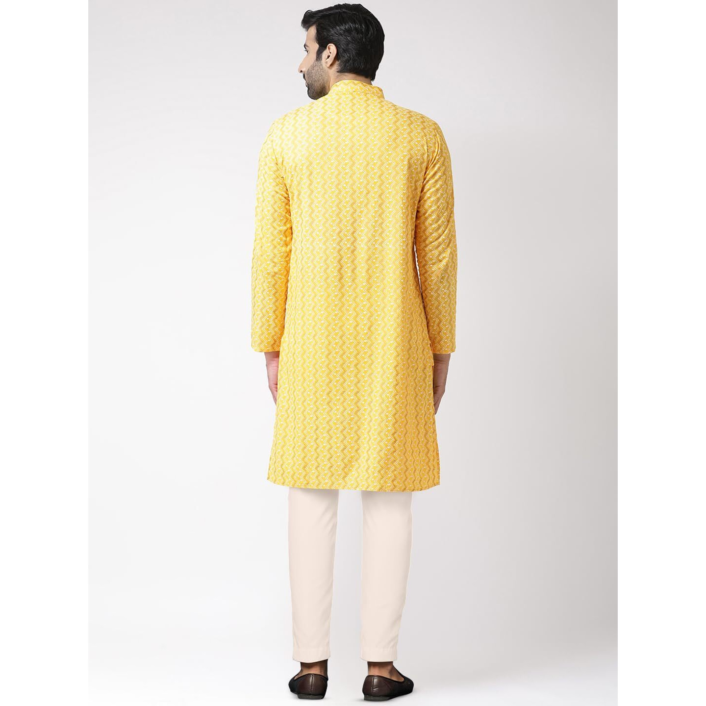 Kisah Men's Cotton Blend Long Sleeves Regular Fit Printed Yellow Kurta Trousers Set (M)
