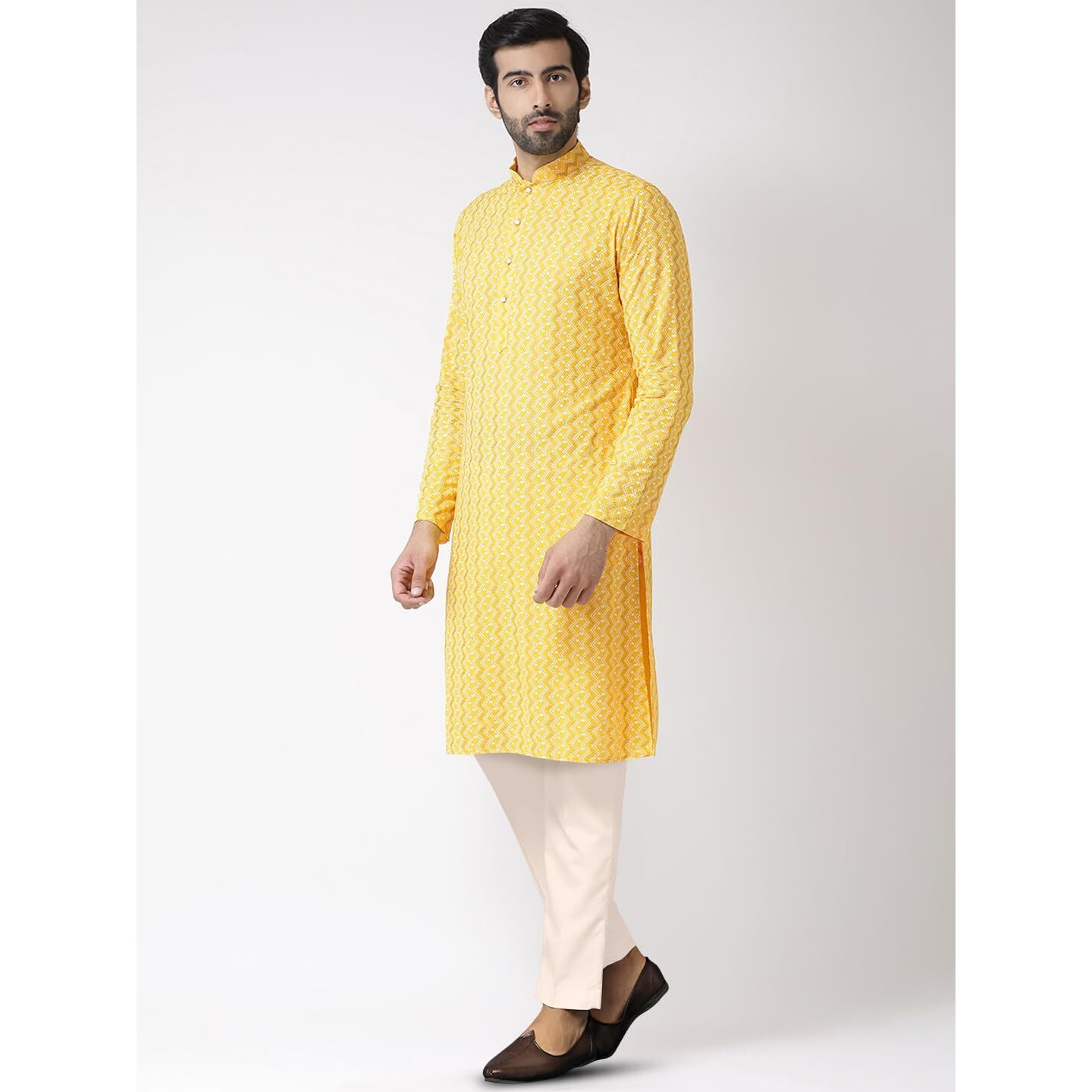 Kisah Men's Cotton Blend Long Sleeves Regular Fit Printed Yellow Kurta Trousers Set (M)