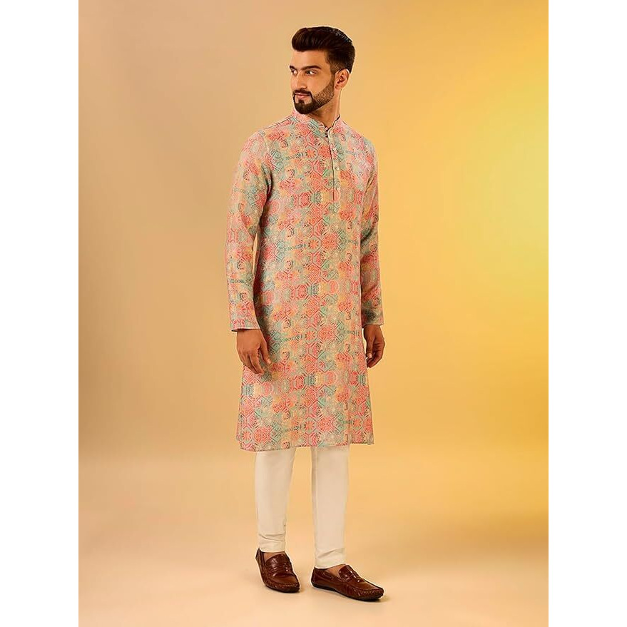 Kisah Men's Multi-Color Printed Cotton Kurta-Regular Fit Long Tunic With Mandarin Collar | Ethnic Wear For Weddings & Festive Occasions, Multicolour, 44