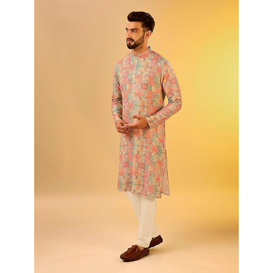Kisah Men's Multi-Color Printed Cotton Kurta-Regular Fit Long Tunic With Mandarin Collar | Ethnic Wear For Weddings & Festive Occasions, Multicolour, 44
