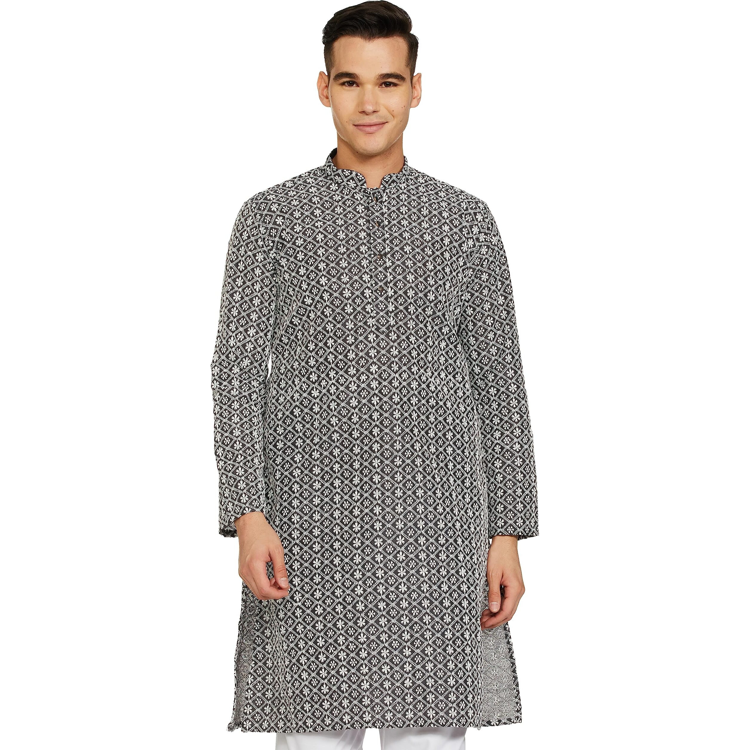 Be Active Men's Traditional Embroidered Lucknowi Full Sleeves Kurta || Cotton Kurta For Men || Men Kurta For Wedding || Kurta For Men (Rfsk0013-Kr 4 M) Grey
