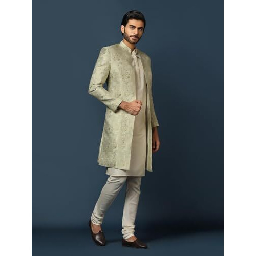 Kisah Men's Beige And Silver Indo-Western Kurta Sherwani Churidar Set Cotton Full Sleaves, Knee Length, Straight, Regular Fit, Mandarin Collar Ethnic Wear