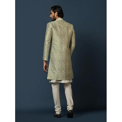 Kisah Men's Beige And Silver Indo-Western Kurta Sherwani Churidar Set Cotton Full Sleaves, Knee Length, Straight, Regular Fit, Mandarin Collar Ethnic Wear