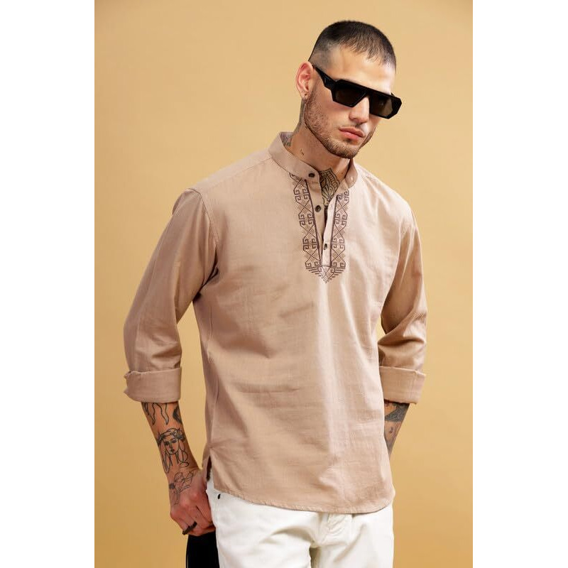 Be Active Men's Neck Embroidery 100% Cotton Short Kurta With Mandarin Collar || Short Kurta For Men Cotton || Stylish Short Kurta || Short Kurta Men (Scpl0175 2 L)