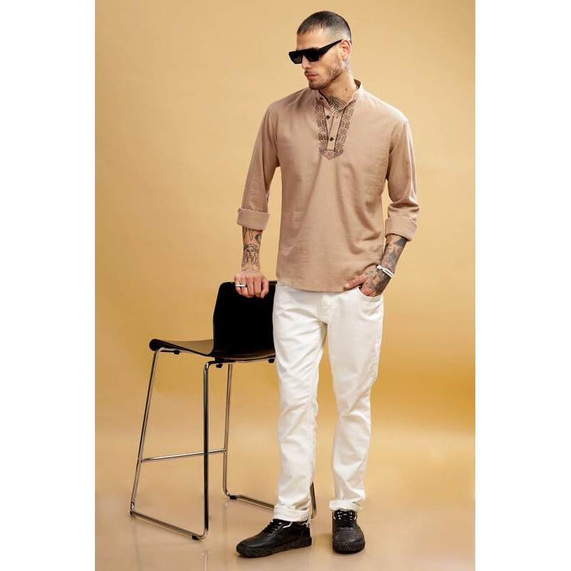 Be Active Men's Neck Embroidery 100% Cotton Short Kurta With Mandarin Collar || Short Kurta For Men Cotton || Stylish Short Kurta || Short Kurta Men (Scpl0175 2 L)