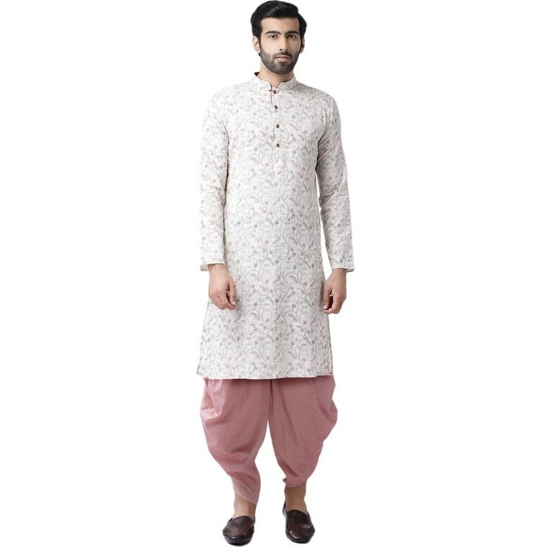 Kisah Men's Kurta Dhoti Set, Multi Cotton Blend, Block Print Long Sleeves Regular Fit Mandarin Collar (Small)