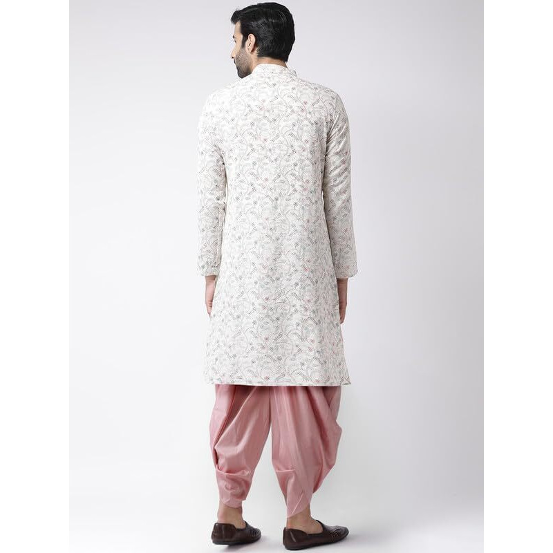 Kisah Men's Kurta Dhoti Set, Multi Cotton Blend, Block Print Long Sleeves Regular Fit Mandarin Collar (Small)