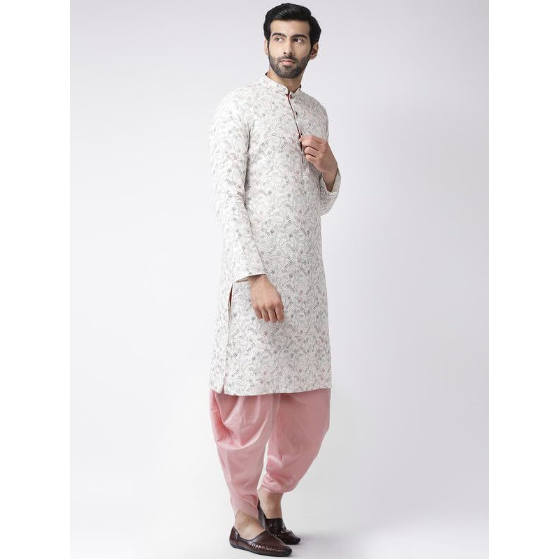 Kisah Men's Kurta Dhoti Set, Multi Cotton Blend, Block Print Long Sleeves Regular Fit Mandarin Collar (Small)