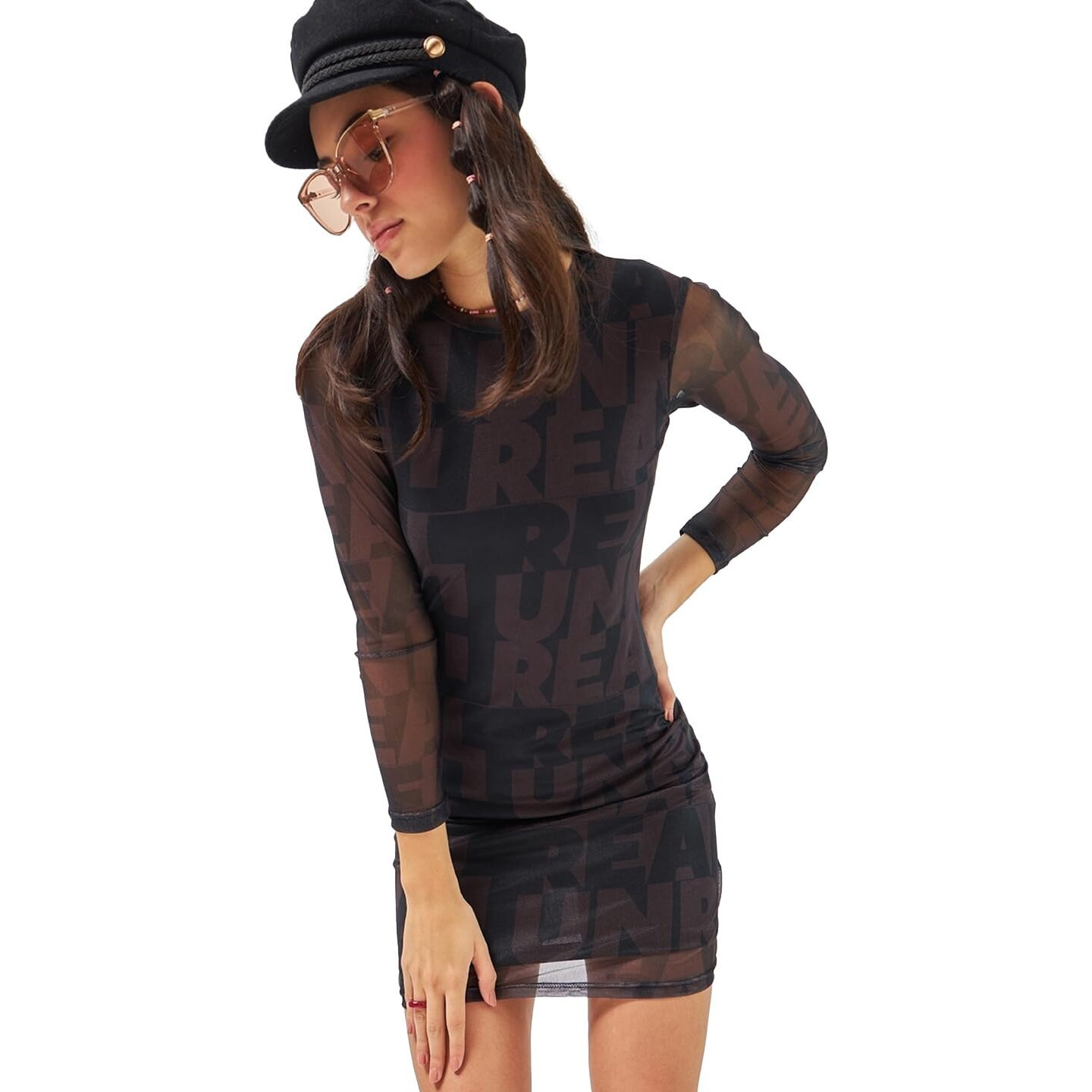 Bewakoof Air 1.0 Women's All Over Printed Slim Fit Full Sleeve Round Neck Poly Mesh Bodycon Dress 614077 Black Xl
