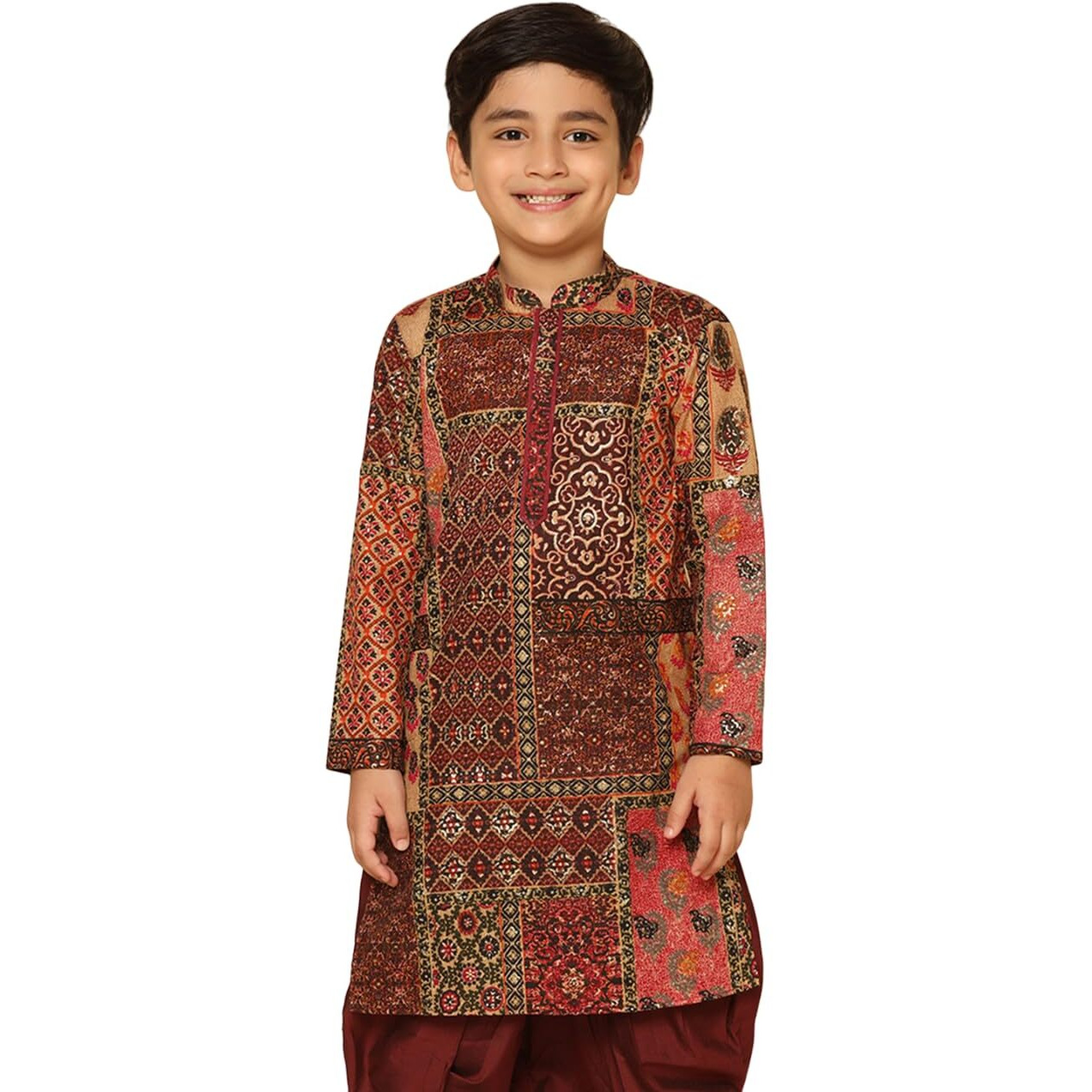 Kisah Kid's Cotton Full Sleeves Regular Fit Knee Length Abstract Maroon Multi Kurta (9-10Y)