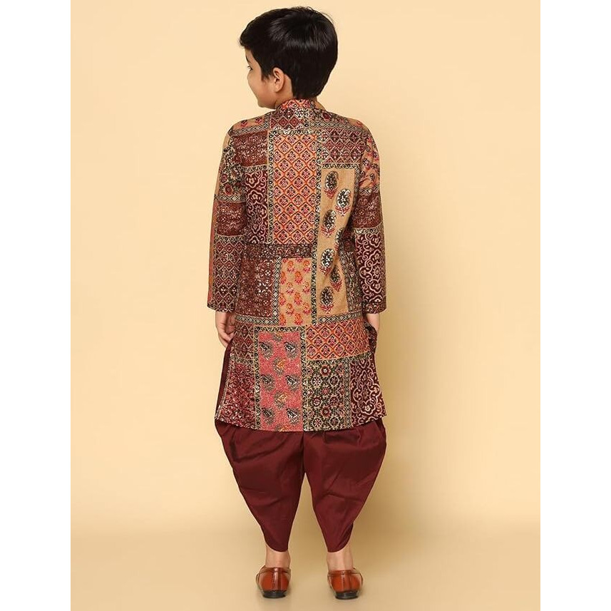 Kisah Kid's Cotton Full Sleeves Regular Fit Knee Length Abstract Maroon Multi Kurta (9-10Y)