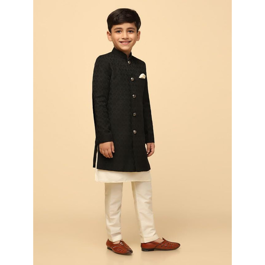 Kisah Kids Sherwani Silk Blend Woven Design Indo-Western Sherwani For Kids, Black, 5-6 Years