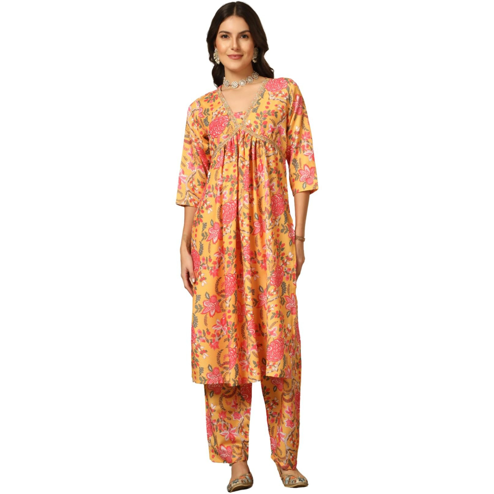Leriya Fashion Cotton Blend Alia Cut Kurta Set For Women| Alia Cut Anarkali Set For Women | Embroidery Kurta Set For Women| Kurta With Pant Set For Women. (X-Large, Yellow)