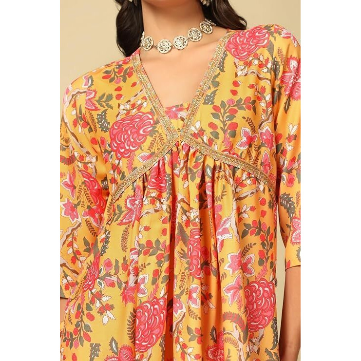 Leriya Fashion Cotton Blend Alia Cut Kurta Set For Women| Alia Cut Anarkali Set For Women | Embroidery Kurta Set For Women| Kurta With Pant Set For Women. (X-Large, Yellow)